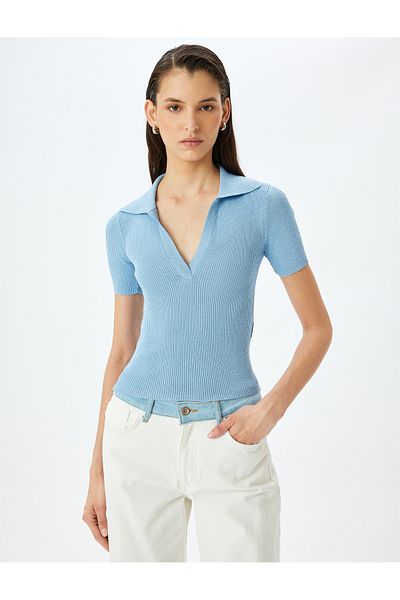 Koton Glitter short sleeve polo neck knit sweater.