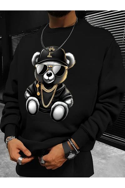 LAND MODA Unisex Black Hooded Bear Printed Sweatshirt