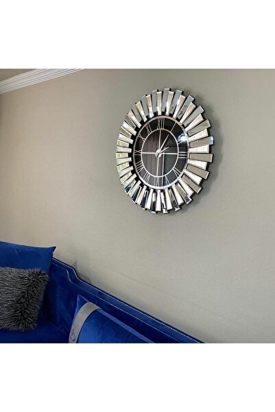 Genel Markalar Gümüş Piyano Ayna Saat 70x70 cm Ahşap Modern 70 cm Yuvarlak
