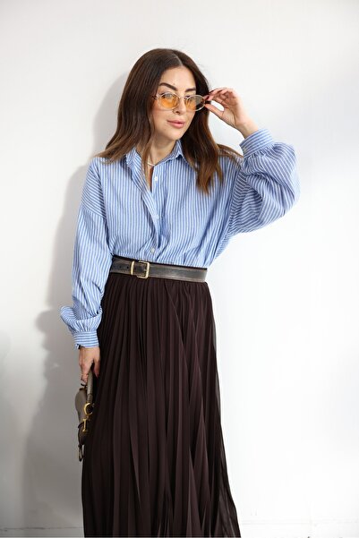 Lusin Cămașă oversize cu mâneci cu balon cu dungi de calitate premium pentru femei - albastru