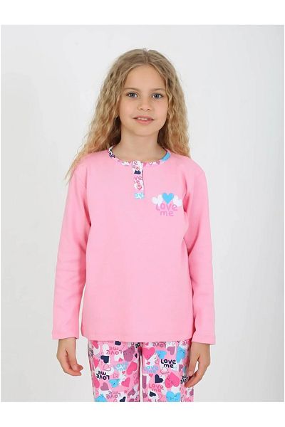 diamondstar Girls' Sleepwear Set with Love Me Buttons - Long Sleeve, 100% Cotton, Button Detail, 6/9 Years