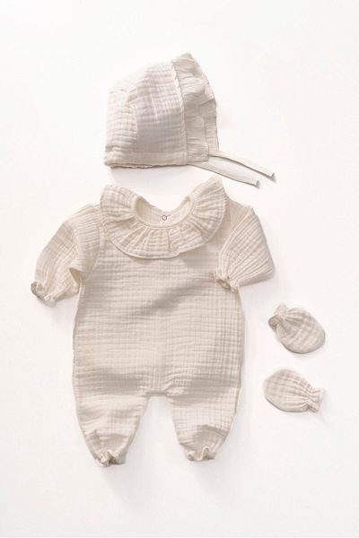 Magu Newborn 4-Layer Muslin Fabric Collared Romper, Hat and Gloves Baby Girl Hospital Outlet