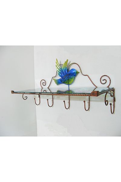 Luyano Wall Shelf Hanging Blue Bird Patterned Door Type Glass Metal 50 cm 1 Piece