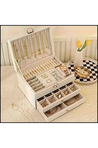 İsdeksan Decorative Jewelry Box 3 Tiers Locked Jewelry Box Jewelry Organizer