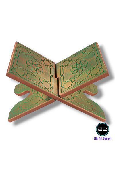 ELBİ Seljuk Motif Embroidered Islamic Green Desktop Large Size Gilded Wood Rahle Book Reading Stand