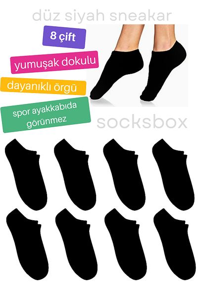 socksbox Черни памучни дамски маратонки - Невидими чорапи, 8 чифта/34-38 спортни чорапи до глезена
