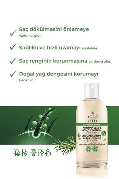 YOON Saç Dökülme Karşıtı, Sağlıklı Hızlı Saç Uzatma, Uniseks, 7 Aktifli Biberiyeli Tuzsuz Şampuan 400ml