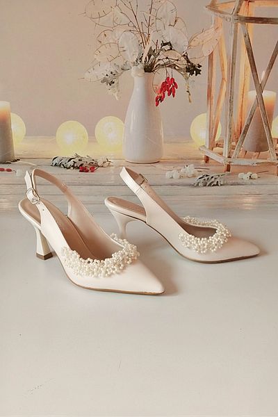 Modavien Pantofi de mireasă de damă cu perle albe de 7 cm - 450