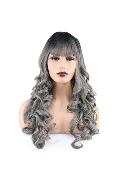 Nurdan Trend Peruk باروكة صناعية طويلة من الألياف مع مسامير مموجة - أسود/رماد...