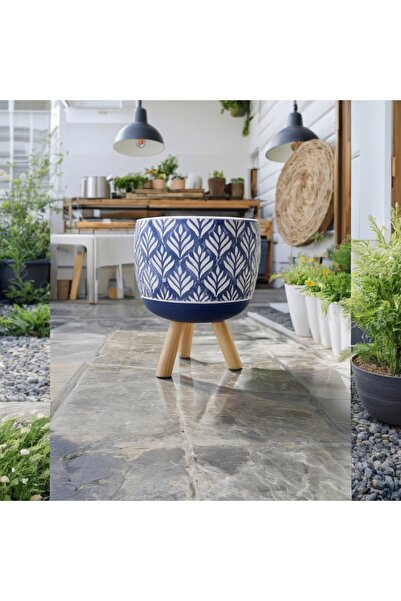 Lui Tasarım Bohem İskandinav Tarz Saksı Dekoratif Trend Koyu mavi Beton Ayakl...