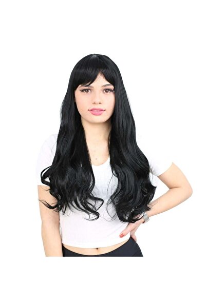 Nurdan Trend Peruk Long Wavy Fiber Synthetic Wig with Bangs - Black