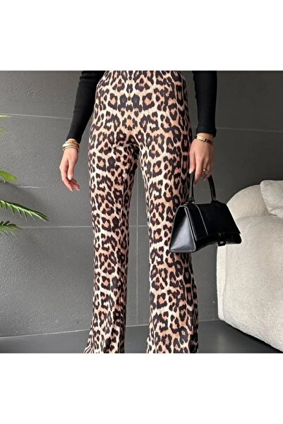 Moda Cilve Palazzo Bol Paça Esnek Ve Likralı Yüksek Bel Kadın Leopar Pantolon