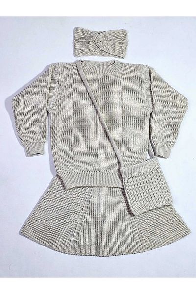Arasmoda Girl's 4-Piece Knitwear Set with Skirt, Sweater, Hair Band and Bag Accessories