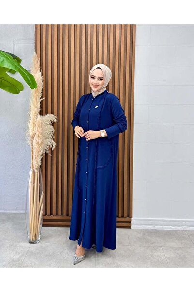 Moda Cilve Uzun Kollu Fitilli Düğmeli Broş Detaylı Elbise