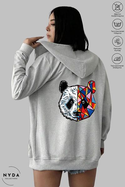 Nyda Collections Дамско памучно яке с цип и цветен принт на панда - голям размер