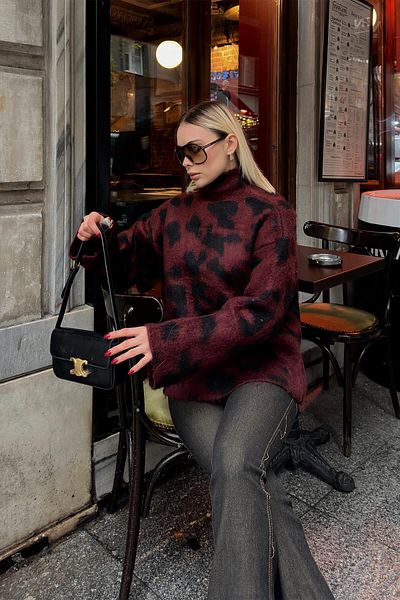 Swist Burgundy Stand Collar Leopard Pattern Women's Bearded Knitwear Sweater