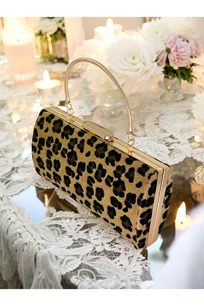 Biçanta Geantă pentru rochie de seară cu pene cu imprimeu leopard - pentru noapte, nuntă, logodnă și absolvire