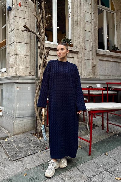 Swist Γυναικείο πλεκτό μίντι φόρεμα Navy Blue Crew Neck Μαλλιά πλεκτό