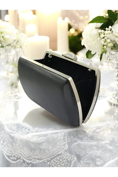Biçanta Black Wrinkled Skin Leather Metallic Color Chain Strap Evening Dress Bag Wedding Engagement Graduation