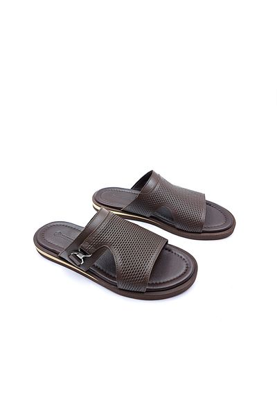 Hammer Jack Ανδρικές παντόφλες ελαφριάς σχεδίασης Comfort Straw Pattern Print Γνήσιο δέρμα καφέ