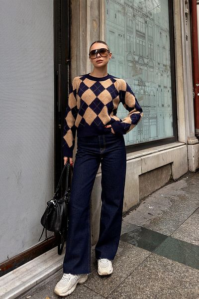 Swist Navy Blue Dezy Diamond Patterned Women's Knitwear Sweater