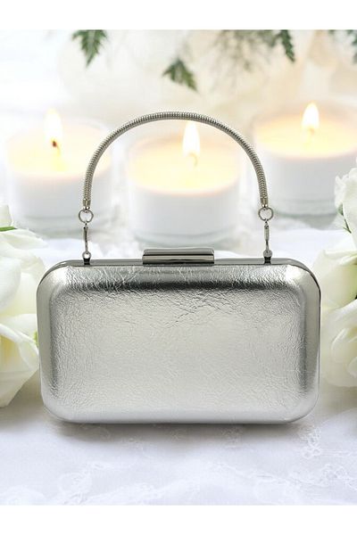 Biçanta Silver Grey Lame - Δερμάτινη βραδινή τσάντα με λουράκι αλυσίδας, μεταλλικό χρώμα αρραβώνων Αποφοίτηση Γάμος