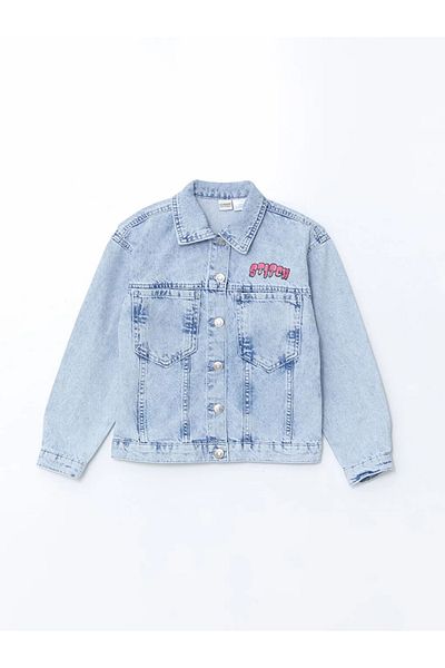 LC Waikiki Jachetă de jeans pentru fete LCW Kids Blue Stitch imprimată