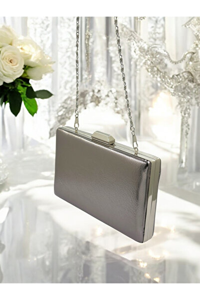 Biçanta Gri antracit Platinum - Geantă de seară din piele cu curea cu lanț, pentru absolvire și logodnă