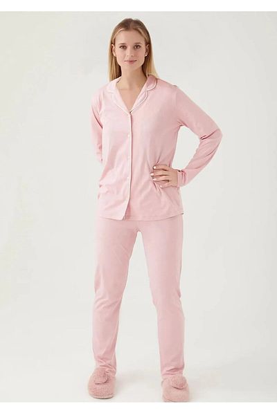Pierre Cardin Women's Long Sleeve Pajamas Set - Shirt Neck, Button, Piping Detail Thclvr.77.17.Pc.Vr