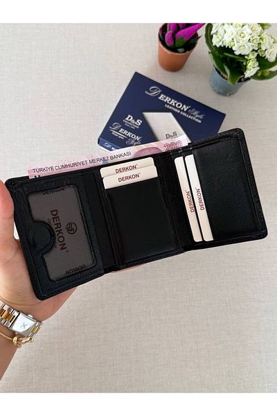 DERKON Men's Wallet - Genuine Leather, Magnet Fold, Sakura Model, Black