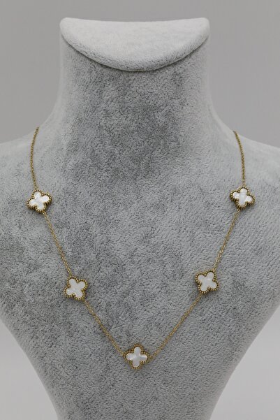 Inure Jewelry Matchless Beyaz Yonca Taşlı Altın Zincirli Çelik Kolye