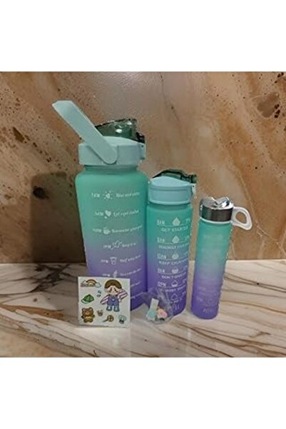 Genel Markalar 3’Lü Motivasyonel Su Matarası, 2 Litre 750 Ml 300 Ml Bpa İÇermez Suluk (Pipetli Ve Sticker Hediyeli