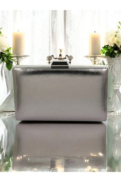 Biçanta Anthracite Grey Platinum - Δερμάτινη βραδινή τσάντα φορέματος με λουράκι αλυσίδας, για αποφοίτηση και αρραβώνα
