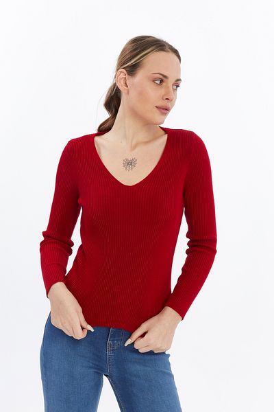 MA ananas Burgundy Women's V-Neck Basic Sweater