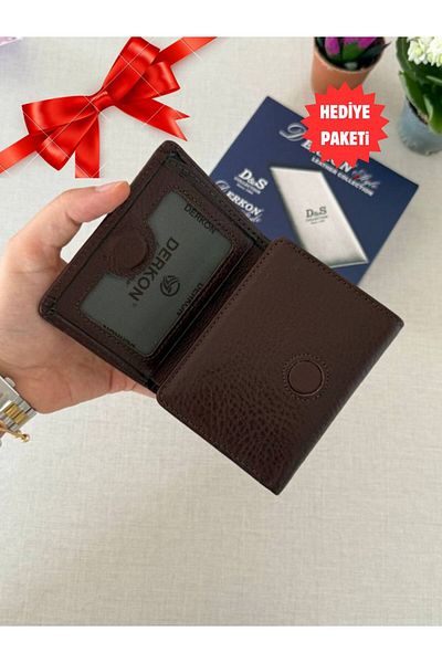 DERKON Men's Wallet - Genuine Leather, Magnet Fold, Sakura Model, Brown