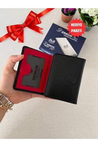 DERKON Genuine Leather Magnet Fold Men's Wallet Sakura Model Black Inside Red