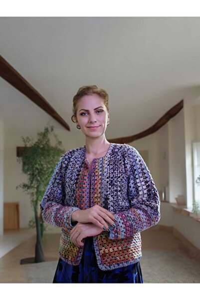 Örgü Sanatı El Örgüsü Patchwork Ömürlük Hırka, Ponpon Detaylı, Benzersiz Renk...