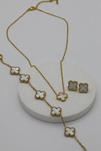 Inure Jewelry Yonca Model * Altın Kaplama Çerçeve ve Zincir (Kolye & Bileklik & Küpe) 3'lü Set