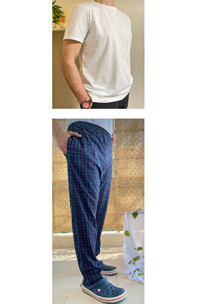 Betimoda Λευκή ρίγα με τσέπες κανονική εφαρμογή κάτω καρό καρό βαμβακερό πλεκτό ανδρικό σετ πιτζάμες με λαιμόκοψη