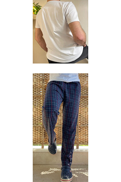 Betimoda Λευκή ρίγα με τσέπες κανονική εφαρμογή κάτω καρό καρό βαμβακερό πλεκτό ανδρικό σετ πιτζάμες με λαιμόκοψη