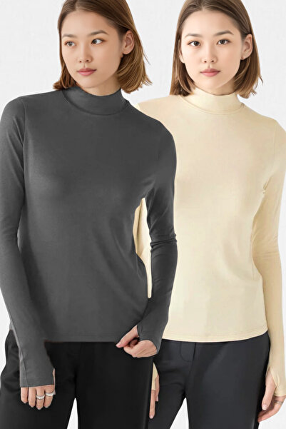 VODENS Women's Anthracite Beige 2-Piece Finger Detailed Ultra Soft Bodysuit