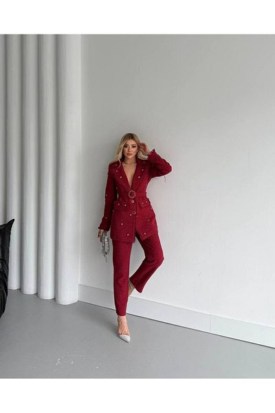 1Moda1Tarz Women's Red Imported Silvery Tweed Fabric Lined Belted Tassel Detail Bead Accessory Design Suit