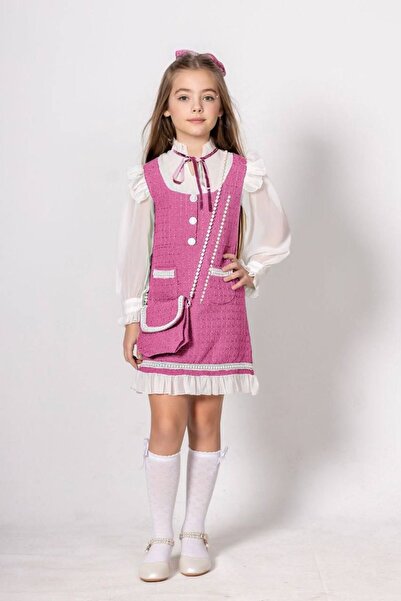 nisaykids Kız çocuk gömlek elbise çanta toka çorap takım