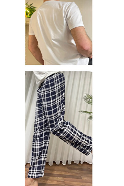 Betimoda Μπλε ναυτικό λευκό κανονική εφαρμογή κάτω καρό καρό βαμβακερό πλεκτό ανδρικό σετ πιτζάμες με λαιμόκοψη