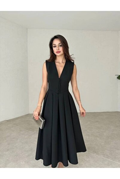 BEAUTY FASHİON Kadın Abiye Derin V Yaka Düğme Detaylı Kloş Etekli Midi Elbise...