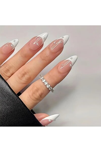 false naıl Women's Heart 24'lü Beyaz French Inci Detaylı Takma Tırnak Seti