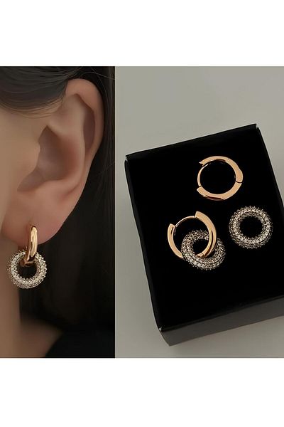 Alaçatı Accesories Zircon Stone Detailed Hoop Stainless Colorfast Steel Earrings