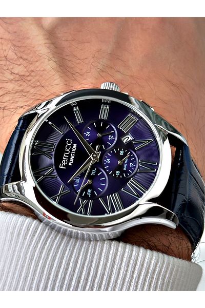 Ferrucci Function Function Dark Blue Color 3 Atm Waterproof Leather Cord Men's Wristwatch