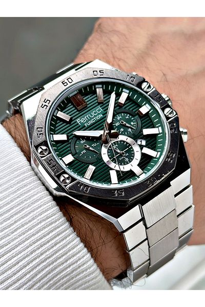 Ferrucci Function Steel Band Silver-Green Color Men's Wrist Watch 3 Atm Waterproof