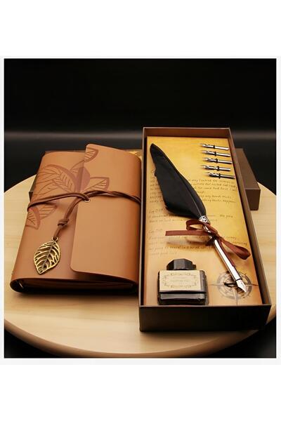 EXENET Nostaljik Defter & Tüylü Kalem Eskitme Sayfa Bağcıklı Çizgisiz Anı Hat...